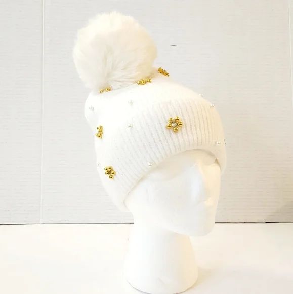 INC Ivory Faux Fur Pom & Pearl Beanie Hat One Size Fit All - Picture 4 of 5